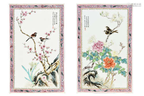 PAIR OF FAMILLE ROSE 'FLOWERS & BIRDS' PLAQUES