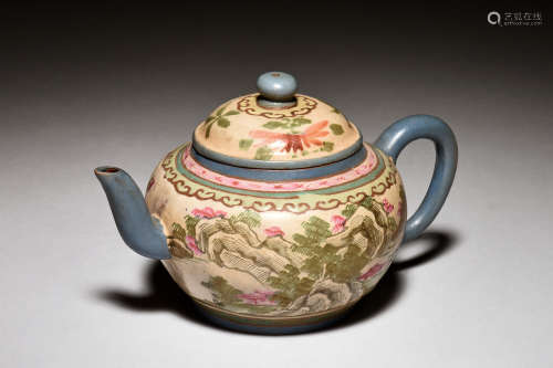 YIXING ZISHA PAINTED 'LANDSCAPE' TEAPOT