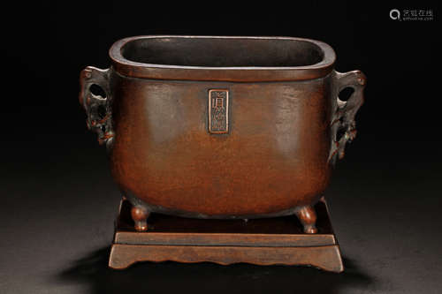 BRONZE CENSER WITH PLUM FLOWER HANDLES AND STAND