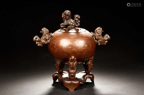 BRONZE CAST 'LIONS' TRIPOD CENSER WITH STAND