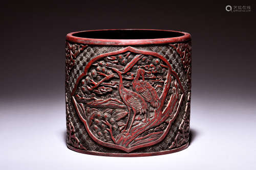 CINNABAR LACQUER CARVED 'CRANES' BRUSH POT