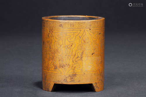 A BRONZE SILVER-INLAID TRIPOD BRUSH POT