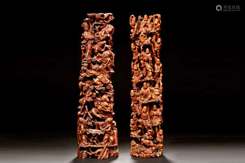 PAIR OF OPENWORK HUANGYANGMU WOOD CARVINGS