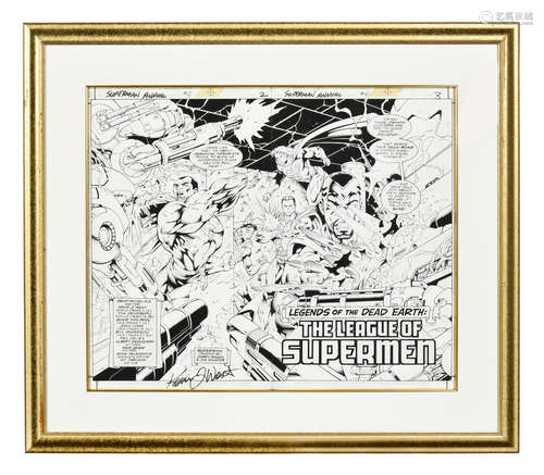 CARTOONIST KEVIN J. WEST SIGNED AND FRAMED SUPERMAN ANNUAL #8 PAGE 2 AND 3 OFFSET STORYBOARD