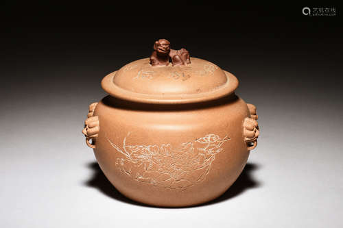 YIXING ZISHA 'FLOWERS & CALLIGRAPHY' JAR WITH LION MASK HANDLES