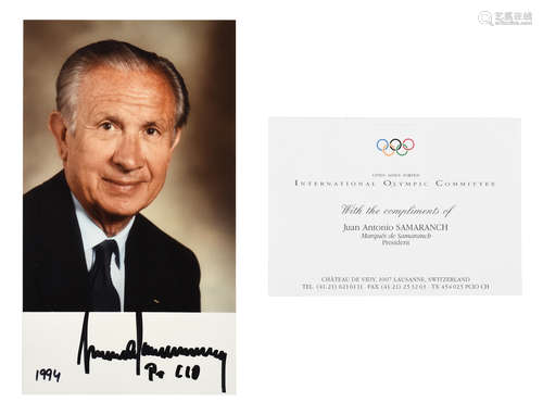 IOC PRESIDENT JUAN ANTONIO SAMARANCH SIGNED PHOTOGRAPH AND BUSINESS CARD