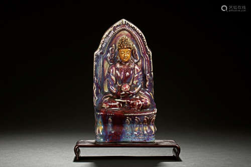 FLAMBE GLAZED SEATED BUDDHA FIGURE WITH STAND