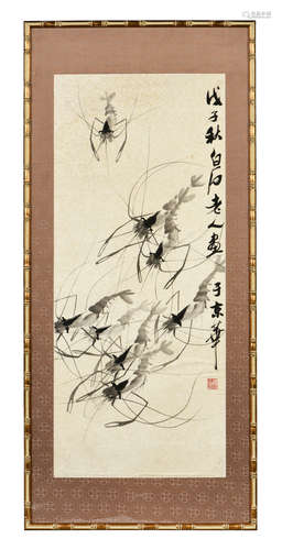 QI BAISHI: FRAMED INK ON PAPER PAINTING 'SHRIMPS'