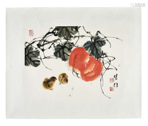 CHU XIONG: INK AND COLOR ON PAPER PAINTING 'CHICKS'