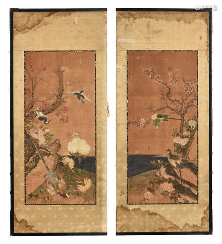 TWO JAPANESE INK AND COLOR ON CLOTH SCREEN PANELS