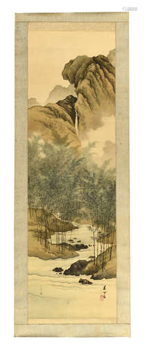 INK AND COLOR ON SILK PAINTING 'MOUNTAIN SCENERY'