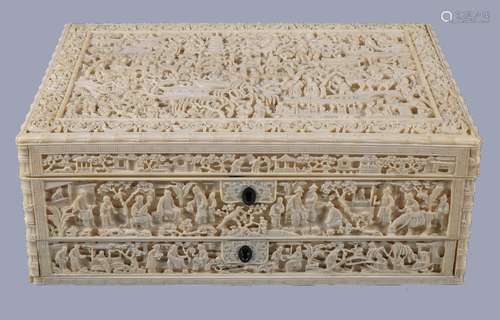 Y A Chinese ivory sewing box, Canton, Guangdong, Qing Dynasty, circa 1850, the rectangular box