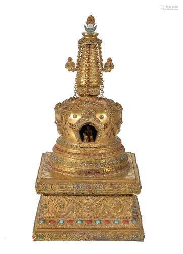 Y A Sino-Tibetan gilt-bronze Stupa, of bell-shaped form on raised square pedestal