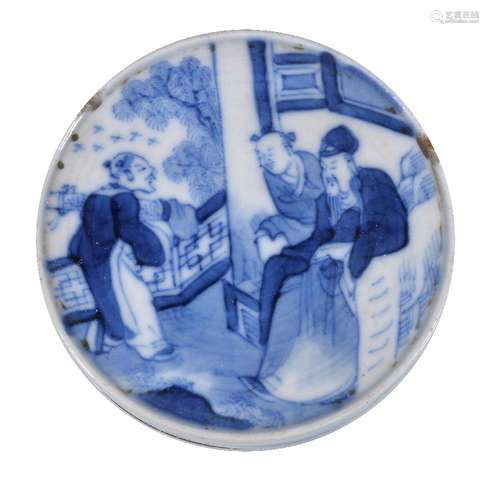 A Chinese blue and white seal paste box and cover, Qing Dynasty, depicting the celebration of the