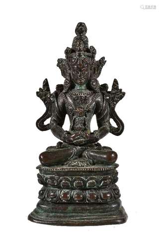 A Sino-Tibetan bronze figure of Amitayus, Qing Dynasty, 18th century, cast seated in dhyanasana with