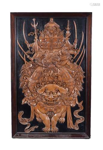 Y A large Japanese dark wood panel