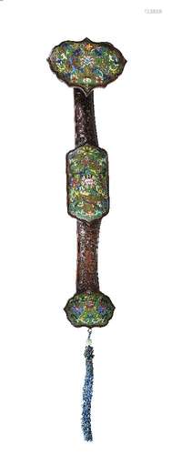 A large Chinese hardwood cloisonné inlaid ruyi sceptre, Qing Dynasty, inset with green-ground