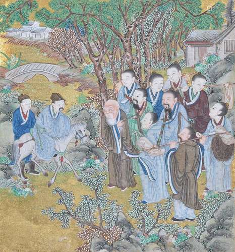 A Chinese gold-ground watercolour, Qing Dynasty, probably depicting King Wen visiting Jiang Ziya,