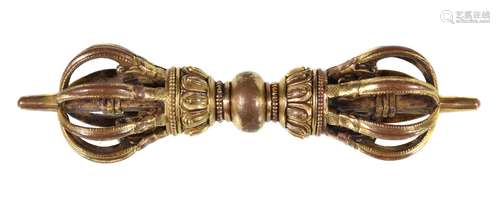 A Sino-Tibetan gilt-bronze Vajra, the ‘thunderbolt’ sceptre cast on each side with a lotus