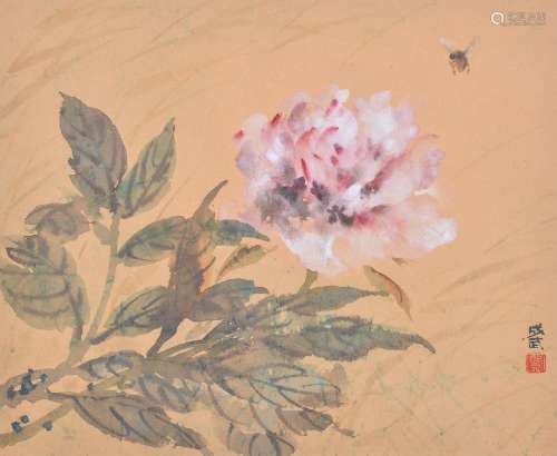 Fei Chengwu, 20th century, A wind blown Peony and a Bee, ink and colour on paper, signed Chengwu and