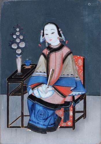 A pair Chinese Export mirror paintings, Qing Dynasty, 19th century, one of a female scribe with