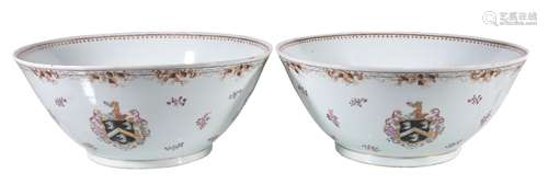 A large pair of Chinese export armorial punch bowls, 19th century replacements after a Qianlong