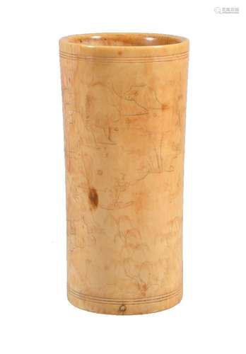 Y A Chinese ivory cylindrical brush pot or incense-tool holder, Qing Dynasty, 17th century, incised