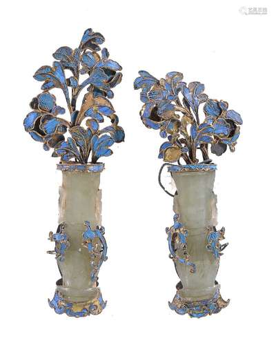 A pair of Chinese jade and kingfisher hair ornaments, Qing Dynasty, circa 1840, the celadon jade