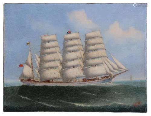 Lai Fong of Calcutta (fl.1890-1910) The four-mastered Barque Beechbank at sea signed, inscribed