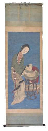A large Chinese scroll painting of a Mother and Child, Qing Dynasty, probably early to mid 19th
