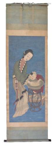 A large Chinese scroll painting of a Mother and Child, Qing Dynasty, probably early to mid 19th