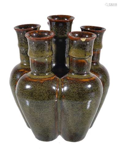 A Chinese tea-dust glazed six-necked vase, liulianping, with five baluster-form vases enclosing