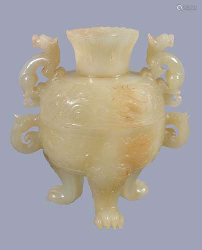 A Chinese pale celadon jade bowl and cover, with some brown inclusions, supported on three lion