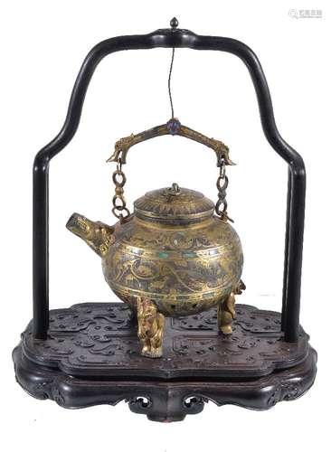 A Chinese archaic style inlaid tripod pouring vessel and cover, supported on three anthropomorphic