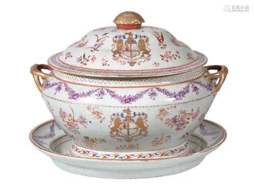 A Famille Rose ‘East India Company’ Armorial Tureen, Cover and Stand, both sides with a crested