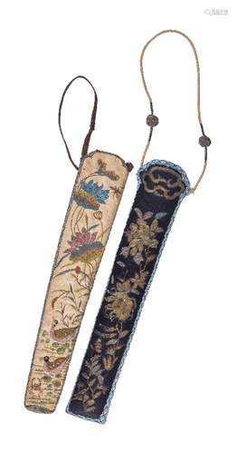 Two Chinese silk fan cases, Qing Dynasty, one cream silk and embroidered on one side with birds