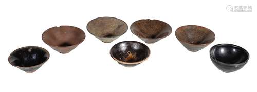 Seven various Jian ware and 'Hare's Fur' bowls, Song Dynasty, with various black, russet and grey