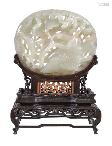 A Chinese white or pale celadon jade Yuan-style oval 'lotus and goose' plaque, carved in openwork