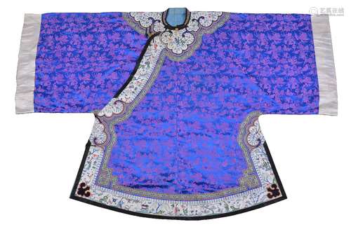 A Chinese embroidered pink and royal blue satin woman's side opening informal jacket, Qing