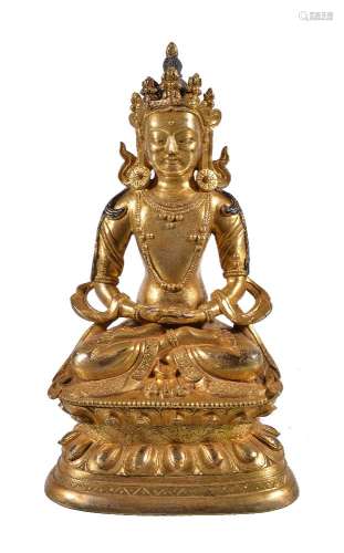 A Sino-Tibetan gilt bronze Amitayus, China or Tibet, cast seated in dhyanasana on a high double-