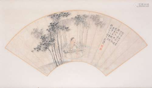 A Chinese painted fan leaf, late Qing Dynasty, inscribed 'Year of Renshen', possibly 1872, painted
