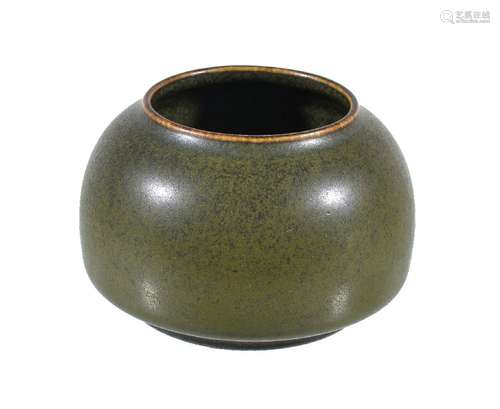 A Chinese tea-dust glazed water pot, probably late Qing Dynasty, covered overall with an olive-green