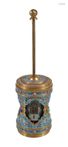 A Chinese cloisonné Buddhist prayer wheel, of cylindrical form with inner rotating container