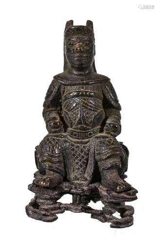 A small Chinese bronze of military official, seated, Ming or Qing Dynasty, on fitted pierced