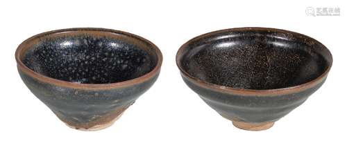 Two Chinese 'Jian' bowls, Song Dynasty, with black glazed and russet rims, 11.2cm to 11.7cm diameter