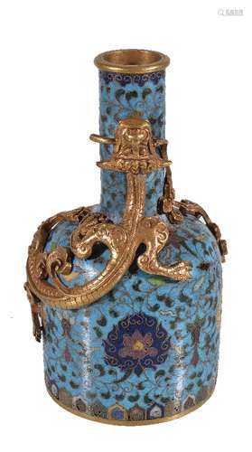 A Chinese cloisonné 'dragon' mallet-shaped vase, inlaid with scrolling foliage on a turquoise ground