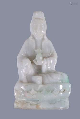 A Chinese Jadieite figure of Quanyin, seated holding a bottle, 13cm high 翡翠观音