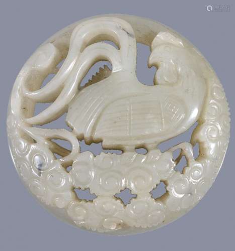 A Chinese pale celadon 'cockerel' pendant, of pierced circular form standing on flowers, 6.6cm