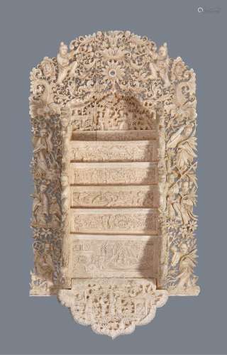 Y A Cantonese ivory letter rack, Qing Dynasty, 19th Century, with five slots, suspended in a frame