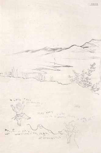 张大千（1899～1983） 婴戏图稿 镜心 水墨纸本
